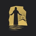 Easter vector illustration. Jesus Christ is resurrected and comes out of the tomb. Three crosses on Golgotha