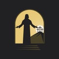 Easter vector illustration. Jesus Christ is resurrected and comes out of the tomb. Three crosses on Golgotha