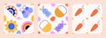 Easter vector seamless patterns with cartoon bunny, carrot, flowers, basket, rainbows, butterfy
