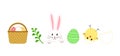 Easter vector set, cartoon rabbit, bunny and egg hunt, spring basket, chick with shell. Holiday illustration Royalty Free Stock Photo