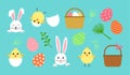 Easter vector set, cute spring icon. Cartoon bunny, egg, rabbit, basket, chick with shell Royalty Free Stock Photo