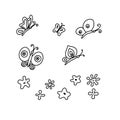 EASTER VECTOR SET- Vector hand drawn outline illustration of Easter spring butterfly  and  flower set. Black contour doodle, line Royalty Free Stock Photo