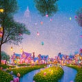 Easter village magical colorful beautiful whimsical abstract background seq 8 of 15