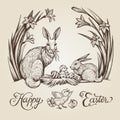 Easter vintage hand drawn illustration. Happy Easter vector card design with bunnies and flowers. Royalty Free Stock Photo