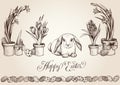 Easter vintage vector card. Bunny eggs hunter looking for hidden eggs between spring flowers.