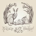 Easter vintage vector card with rabbits. Happy Easter text on Ukrainian language. Royalty Free Stock Photo
