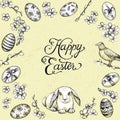 Easter Vintage Vector Frame. Hand Drawn Card With Bunny, Happy Easter Calligraphy.