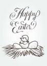 Easter vintage vector hand drawn illustration with lettering and the newly hatched chick in nest. Royalty Free Stock Photo