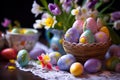 Easter violet colored eggs with spring flowers generative ai Royalty Free Stock Photo