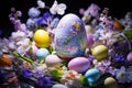 Easter violet colored eggs with spring flowers generative ai Royalty Free Stock Photo