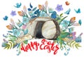 Easter watercolor card: cave of Jesus Christ, floral wreath with butterflies, birds and rabbits, lettering `Happy Easter`
