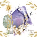 easter, watercolor drawing, church, flowers, birds, watercolor flowers, golden twigs, chicks, easter eggs, purple