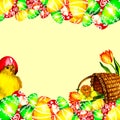 Easter watercolor frame banner with chicken, basket, Easter eggs and flowers. On a yellow background. Watercolor. Royalty Free Stock Photo