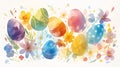 Easter watercolor illustration with bright Easter painted eggs and flowers. Vivid colorful springtime wallpaper design, template