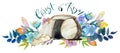 Easter watercolor illustration: the cave of Jesus Christ, a flower wreath, the inscription `Christ is risen!` Royalty Free Stock Photo