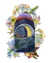 Easter watercolor illustration: the cave of Jesus Christ, Golgotha with crosses, a flower wreath, the inscription