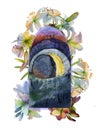 Easter watercolor illustration: the cave of Jesus Christ, Golgotha with crosses, a flower wreath, the inscription