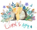 Easter watercolor illustration: cave, Risen Jesus Christ blesses, flower wreath, inscription `Christ is Risen!` Easter card