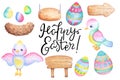 Easter watercolor illustration set with colored egg, bird, wooden stand and a bird nest. Cute birdie character