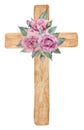 Easter watercolor natural illustration with a wooden cross with pink roses for beautiful Holiday design.