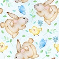 Easter watercolor seamless pattern with bunnies and chicks