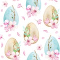 Easter watercolor seamless pattern with Easter eggs and sakura flowers