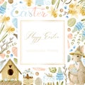 Easter watercolor square frame with Easter bunny, eggs, birdhouse and flowers