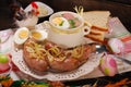 Easter white borscht and sausage on rural wooden table Royalty Free Stock Photo