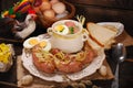 Easter white borscht and sausage on rural wooden table Royalty Free Stock Photo