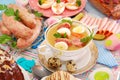 Easter white borsht with quil eggs and sausage Royalty Free Stock Photo