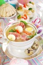 Easter white borsht with quil eggs and sausage Royalty Free Stock Photo