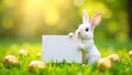 Easter white bunny holding blank sign on green spring grass Royalty Free Stock Photo