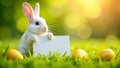 Easter white bunny holding blank sign on green spring grass Royalty Free Stock Photo