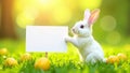 Easter white bunny holding blank sign on green spring grass Royalty Free Stock Photo