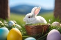 An Easter white bunny sits behind a basket, colorful Easter eggs lie around. Easter egg hunt .