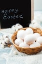 Easter white eggs in a wicker basket on a light background Background for a postcard Royalty Free Stock Photo