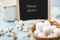 Easter white eggs in a wicker basket on a light background Background for a postcard. Royalty Free Stock Photo