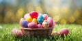 Easter wicker basket, colorful painted eggs in green grass, sunny day, egg hunt, banner background Royalty Free Stock Photo