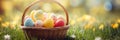 Easter wicker basket, colorful painted eggs in green grass, sunny day, egg hunt, banner background Royalty Free Stock Photo