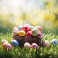 Easter wicker basket, colorful painted eggs in green grass, sunny day, egg hunt, banner background Royalty Free Stock Photo