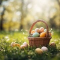 Easter wicker basket, colorful painted eggs in green grass, sunny day, egg hunt, banner background Royalty Free Stock Photo