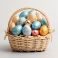 Easter wicker basket with colorful painted eggs, isolated, egg hunt, Happy Easter banner background