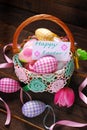Easter wicker basket with eggs and greeting card