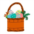 Easter wicker basket with painted eggs. Isolated on a white background. Vector graphics are available. Royalty Free Stock Photo