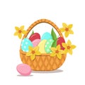 Easter wicker basket with painted eggs and yellow spring flowers Daffodil