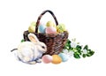 Easter wicker basket with pastel eggs and cute little bunny rabbit. Happy Easter. Design element for greeting card