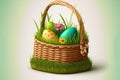 Easter wicker basket on white with green grass Royalty Free Stock Photo