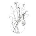 Easter willow, eggs, tulips in a transparent glass vase. Graphic black and white illustration isolated on white background. Royalty Free Stock Photo