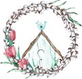 Easter willow wreath with tulips and bird sitting on its house. Watercolor illustration
