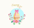 Easter wishes banner, poster, greeting card. Trendy Easter design with typography, flowers, eggs, in pastel colors.